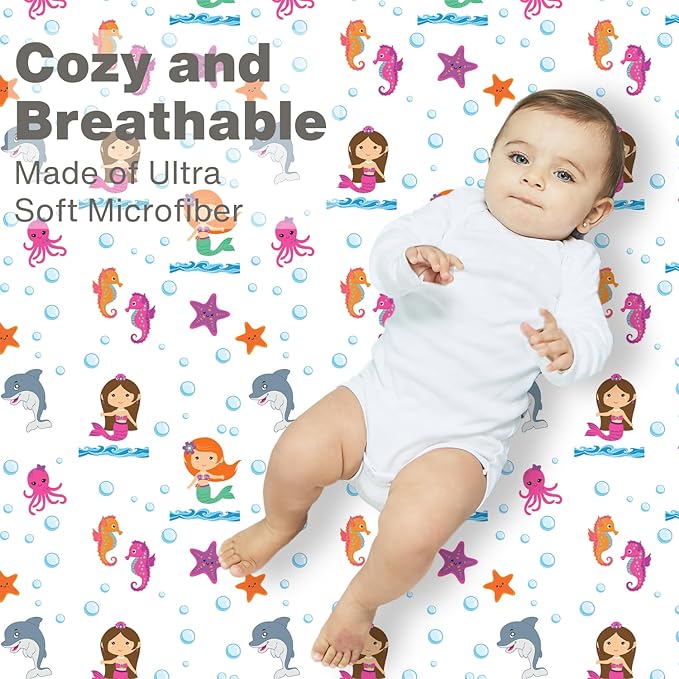 Everyday Kids 2 Pack Fitted Girls Crib Sheet, 100% Soft Breathable Microfiber Baby Sheet, Fits Standard Size Crib Mattress 28in x 52in, Nursery Sheet - Mermaid/Aqua
