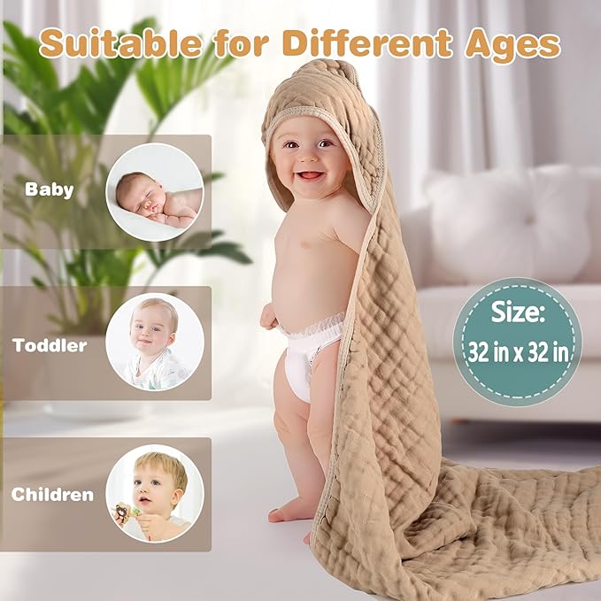 Hooded Baby Bath Towels for Newborn 2 Pack – 6-Layer 100% Muslin Cotton Baby Towels with Hood for Babies, Infants & Toddlers – Large 32x32 Inch Soft Absorbent Unisex Newborn Bath Essentials