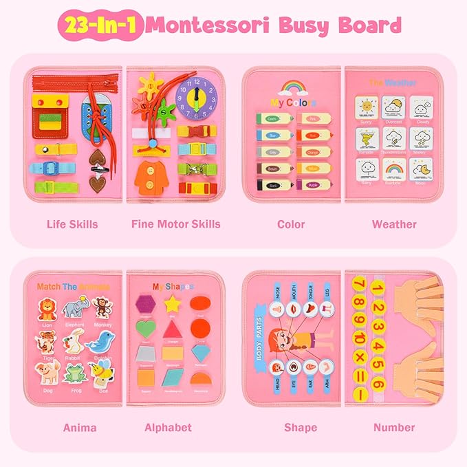 Busy Board Montessori Toys for 4 Years Old, Busy Books for Toddlers, Sensory Board Quiet Book Educational Activity Book for Toddlers 4-5, Toddler Travel Toys for Plane Car, Gifts for Boys Girls (Pink)