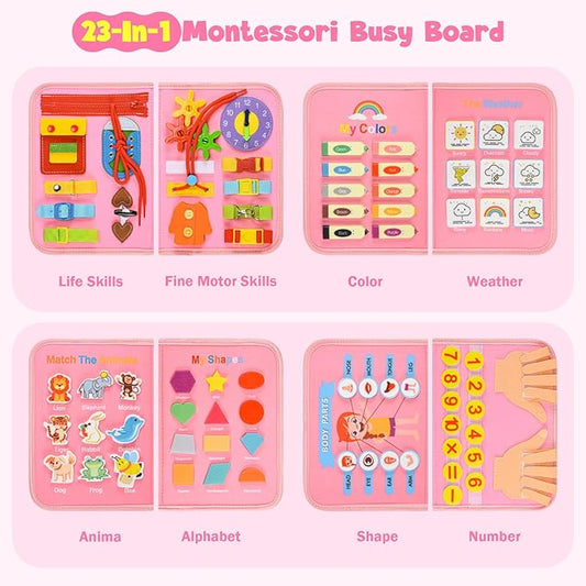 Busy Board Montessori Toys for 4 Years Old, Busy Books for Toddlers, Sensory Board Quiet Book Educational Activity Book for Toddlers 4-5, Toddler Travel Toys for Plane Car, Gifts for Boys Girls (Pink)