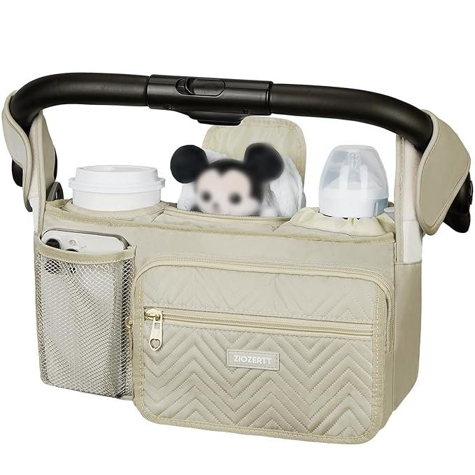 Universal Stroller Organizer with Insulated Cup Holder,Stroller Caddy Bag with Wet Wipes Pocket,Stroller Accessories Fits for Uppababy,Doona,Jogger,Britax,Mompush,BoB Strollers,Apricot