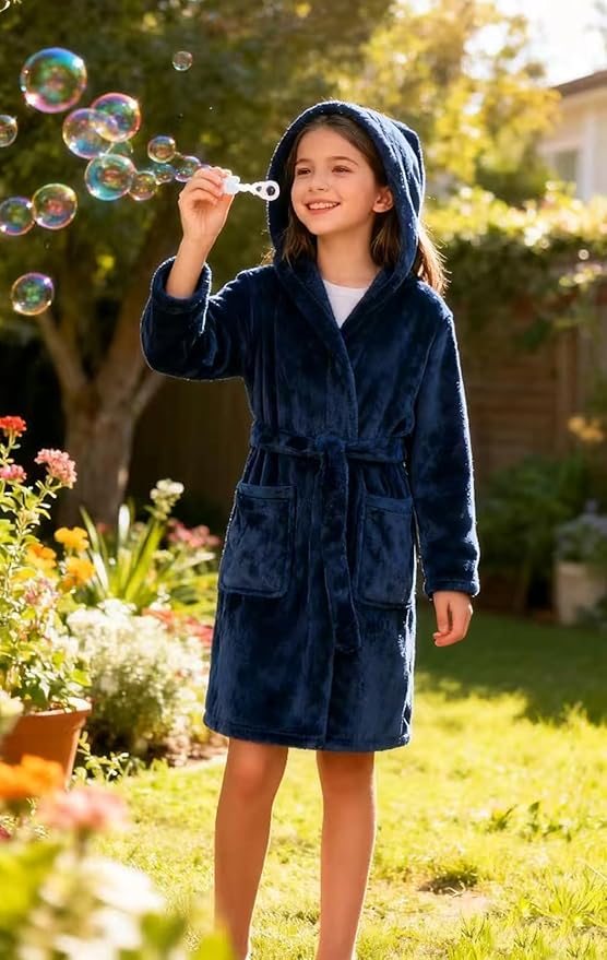 Boys Girls Robe Kids Flannel Hooded Bathrobe Sleepwear Pajamas Toddler Soft Plush Robes for Girls 2-16 Years