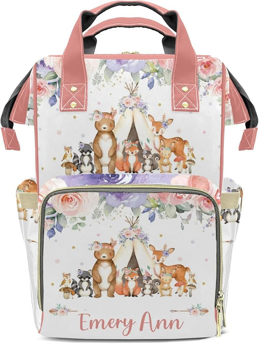 Personalized Woodland Animals Pink Purple Floral Custom with Name Diaper Bag Backpack For Baby Boy Girl Dad Mom Unisex for Adult Daypack Holiday Gift