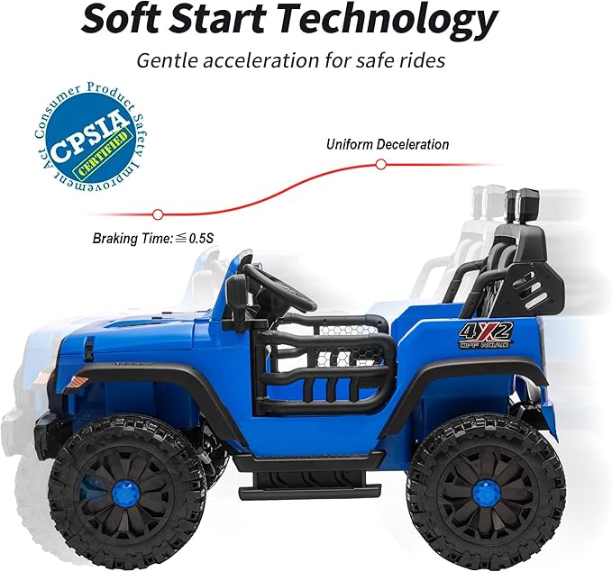 2 Seater Ride on Car Toy, 12V Electric Car for Kids 4-8 with Remote Control, Capacity 150 lb, LED Light - Blue