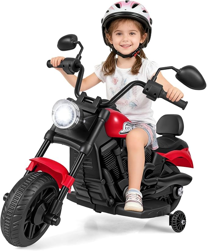 HONEY JOY Toddler Motorcycle, 6V Battery Powered Electric Motorcycle for Kids, Detachable Training Wheels, Music, Foot Pedal, Headlights, Forward/Backward, 3-Wheel Ride On Toy for Boys Girls (Red)