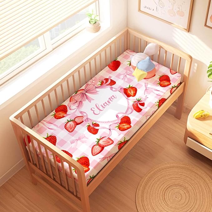 Personalized Strawberry Crib Bedding Set for Girls – Custom Name 3-Piece Pink Bow Nursery Bedding, Soft Blanket, Fitted Crib Sheet & Pillowcase, Baby Bedding for Newborn & Toddler