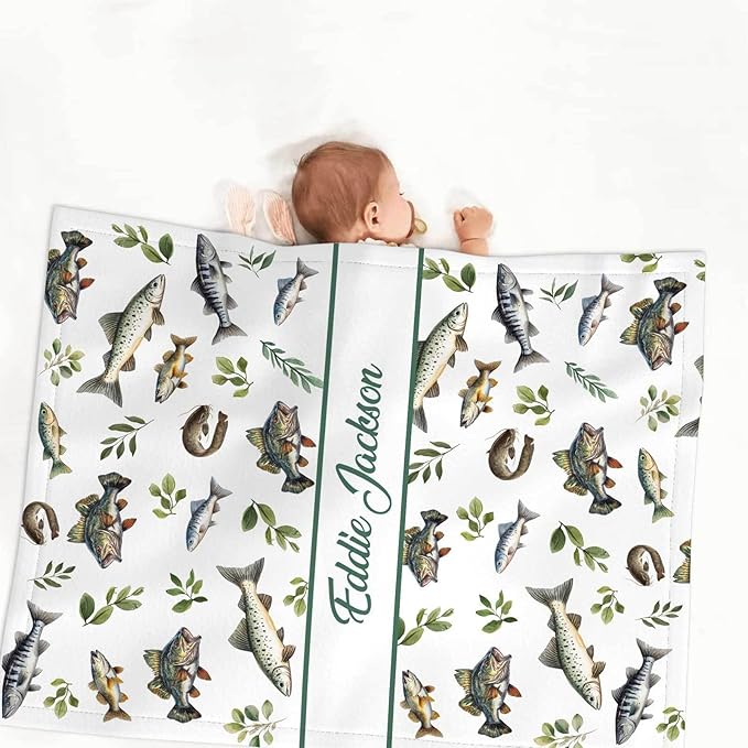 Personalized Fishing Theme Crib Bedding Set for Boys – Custom Name 3-Piece Nursery Bedding with Blanket, Fitted Crib Sheet & Pillowcase – Soft Baby Bedding for Newborn Infant Toddler