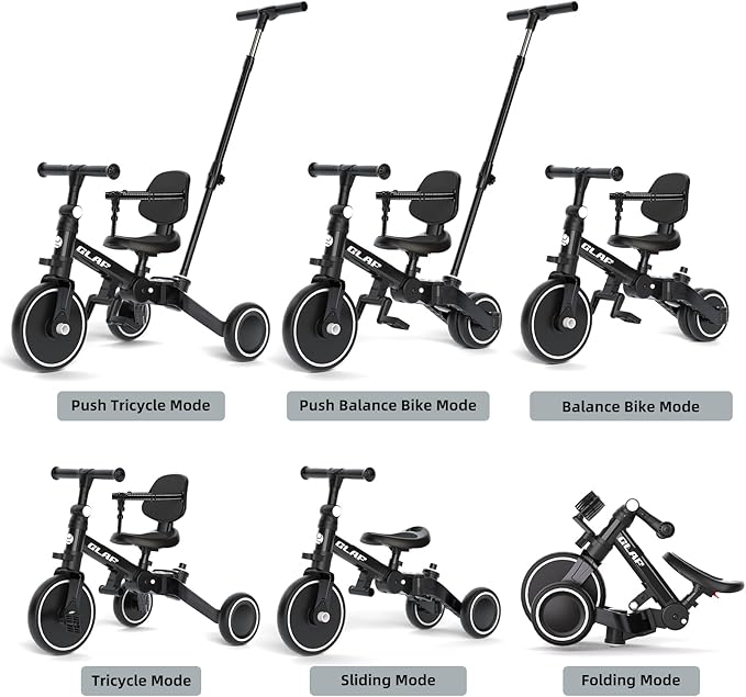 Glaf Tricycle for Toddlers 1-3 Toddler Bike with Push Handle 2-4 Years Baby Bike Toy for 1 Year Old Boys and Girls Balance Bike with Removable Pedal, Backrest, Adjustable Seat, Gifts （Black