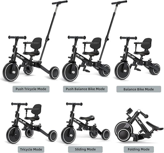 Glaf Tricycle for Toddlers 1-3 Toddler Bike with Push Handle 2-4 Years Baby Bike Toy for 1 Year Old Boys and Girls Balance Bike with Removable Pedal, Backrest, Adjustable Seat, Gifts （Black