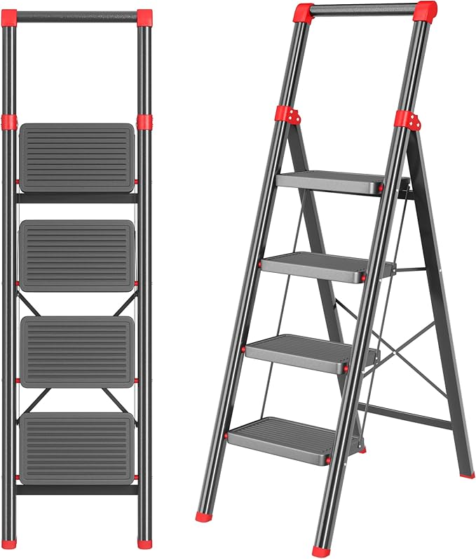 4 Step Ladder, DIAMONDFORGE Folding Step Stool with Wide Anti-Slip Pedal, Anti-Slip Feet and Handgrip, Sturdiest Steel Construction, Steel Ladder for Home, Black Red