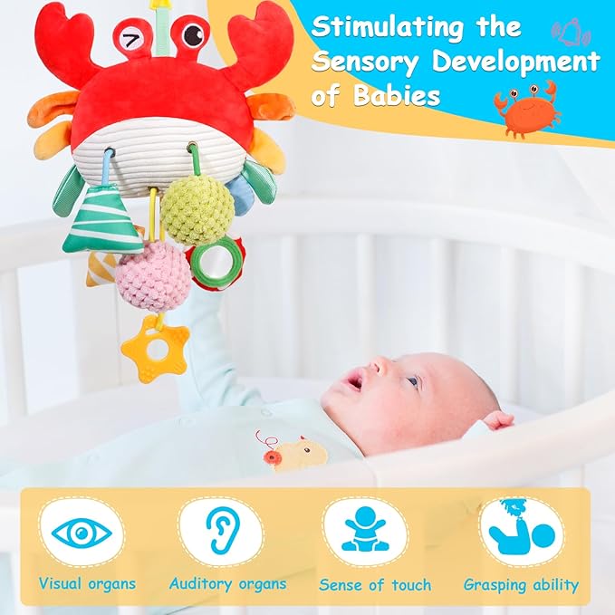 Car Seat & Stroller Toys for Babies 0-6 Months, Crab Baby Car Seat Toys for Boys Girls, Infant Newborn Stroller Toys with Beep, Mirror, Small Bell, Baby Teether, and Soft Ball for Ages 0 Months and Up