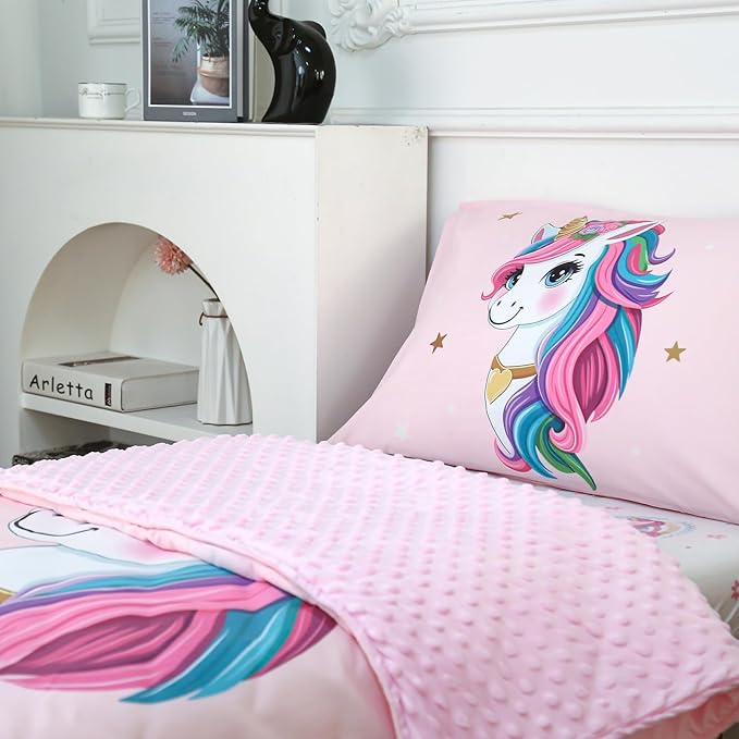 4 Piece Toddler Bedding Set - Ultra Soft Breathable Toddler Bedding Set for Girls, Includes Quilted Comforter, Flat Sheet, Fitted Sheet and Pillowcase(Unicorn)