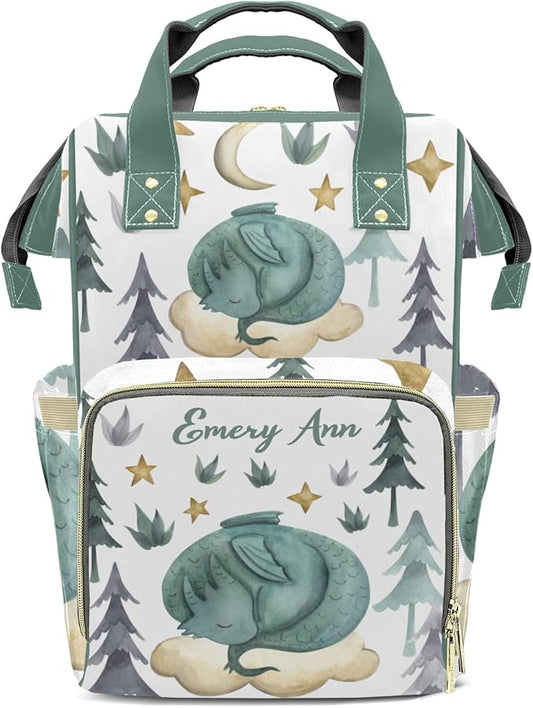 Personalized Cute Dragon Watercolor Custom with Name Diaper Bag Backpack For Baby Boy Girl Dad Mom Unisex for Adult Daypack Holiday Gift
