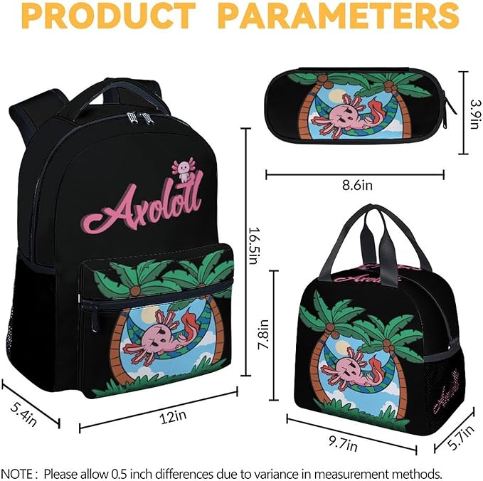 Mercuryelf Axolotl Boys Girls Backpack with Lunch Box Set, 3 in 1 School Travel Backpacks Matching Combo, Black Cute Bookbag and Pencil Case Bundle