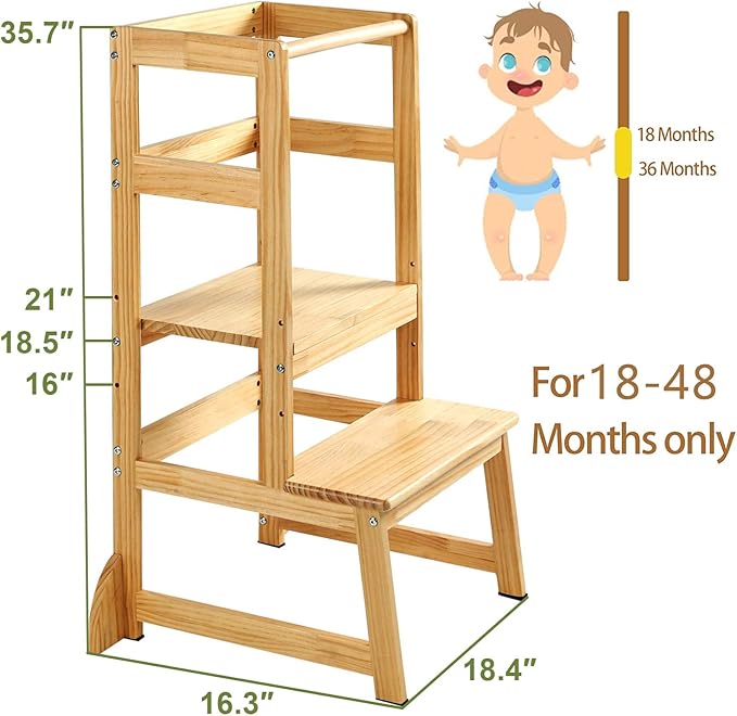 Mother's Helper Adjustable Height Kitchen Step Stool, Kids Helper Learning Stool Toddler Tower with Safety Rail for Kitchen Counter, Montessori Stool (Natural)
