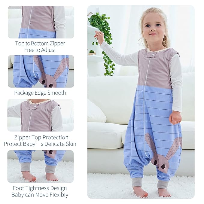 MICHLEY Toddler Sleeping Sack with Feet Newborn Infant Sleeveless Sleeping Bag 2-way Zipper Baby Wearable Blanket for Walkers,Blue Rabbit,1-3T