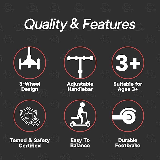 Dribbl 3-Wheel Kids Scooter - Lean-to-Steer Technology, Adjustable Height Handlebar, Anti-Slip Deck, Scooter for Boys & Girls Ages 3+, Child Safety Approved, Support Rider Up To 165 lbs, Black and Red