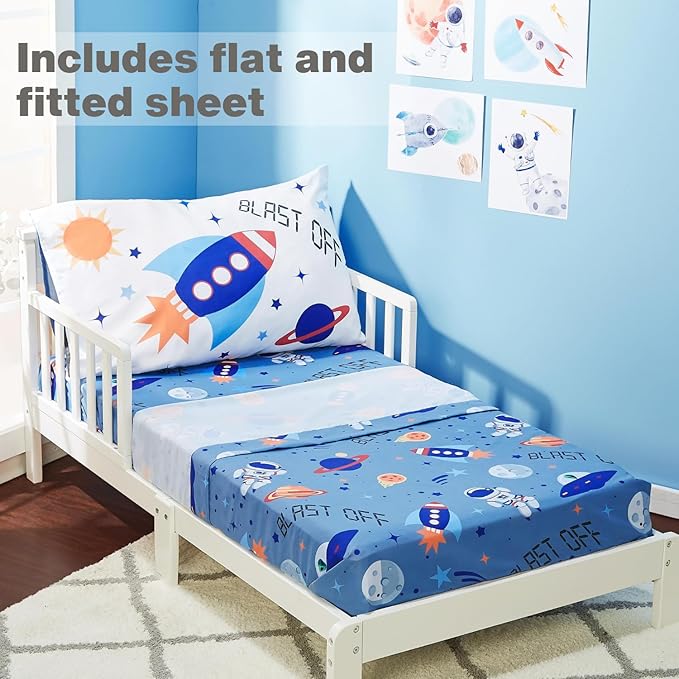 EVERYDAY KIDS 4 Piece Toddler Bedding Set - Outer Space Adventures - Includes Comforter, Flat Sheet, Fitted Sheet and Reversible Pillowcase