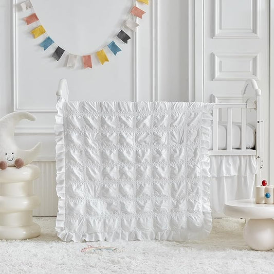 Ruffled Crib Bedding Set Baby Boho Quilted Comforter with Fitted Sheet and Bed Skirt - Cute Soft Breathable Seersucker Ruffled Shabby Chic Bedding Soft Blanket Design - White