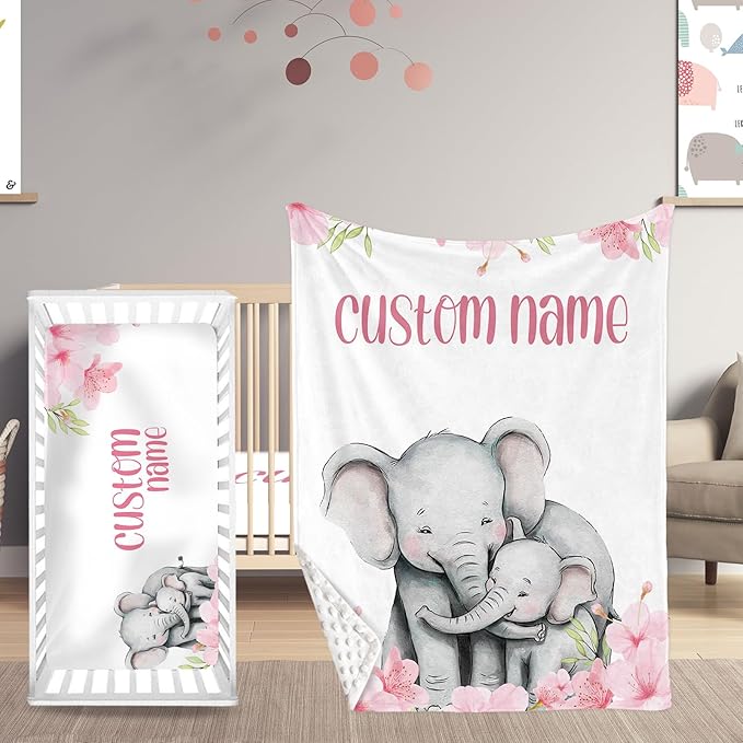 Personalized Crib Bedding Set, Newborns Set with Name, 2 Pcs Animal Theme Baby Crib Set for Girls Boys, Double Layer Blanket and Crib Sheet, Comfort and Soft