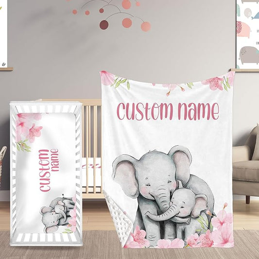 Personalized Crib Bedding Set, Newborns Set with Name, 2 Pcs Animal Theme Baby Crib Set for Girls Boys, Double Layer Blanket and Crib Sheet, Comfort and Soft