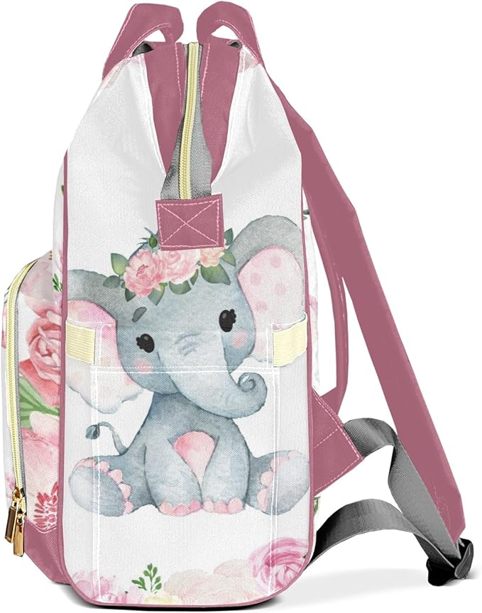 Personalized Elephant Pink Floral Custom with Name Diaper Bag Backpack For Baby Boy Girl Dad Mom Unisex for Adult Daypack Holiday Gift
