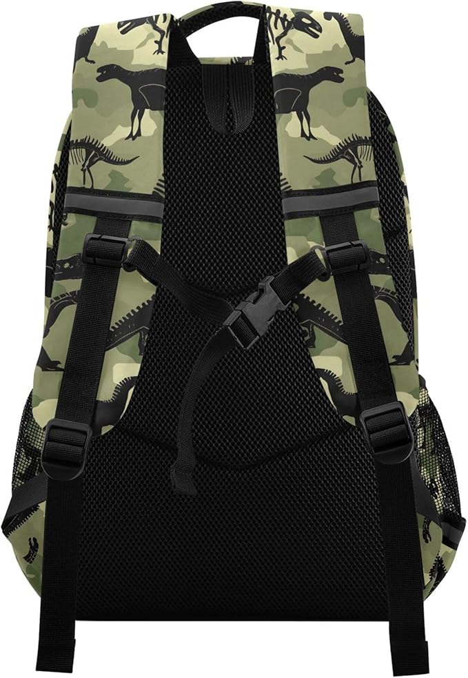 MNSRUU School Backpack with Chest Strap, Dinosaur Camouflage Pattern Laptop Backpack, Travel Hiking Backpack for Boys Girls, Rucksack, Knapsack