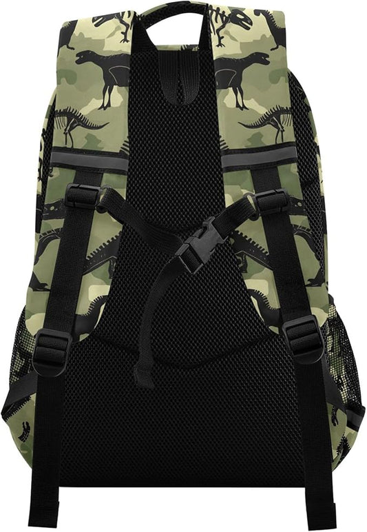 MNSRUU School Backpack with Chest Strap, Dinosaur Camouflage Pattern Laptop Backpack, Travel Hiking Backpack for Boys Girls, Rucksack, Knapsack