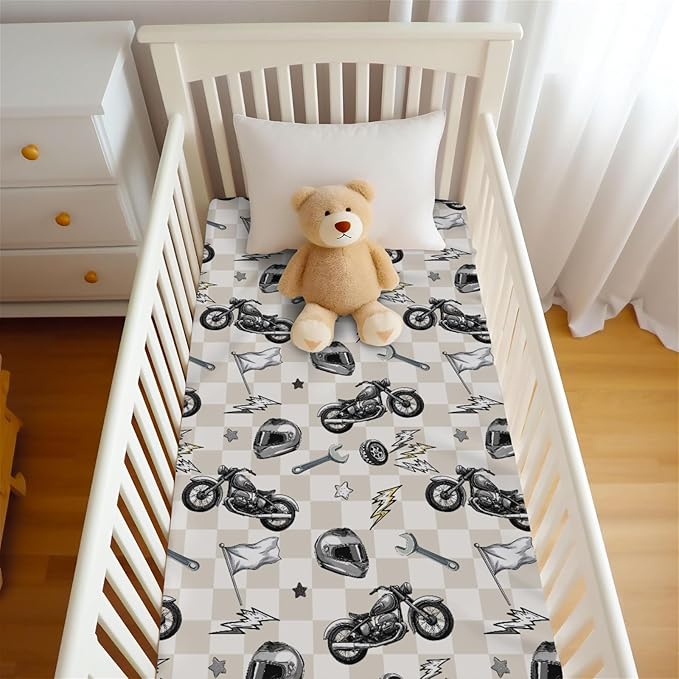 Cute Motorcycle Flag Plaid Baby Crib Sheet for Boys & Girls 28"x52" Motor Bikes Stars Fitted Crib Mattress Cover for Standard Crib and Toddler Mattress Race Vehicles Bed Sheets Plaid One Size