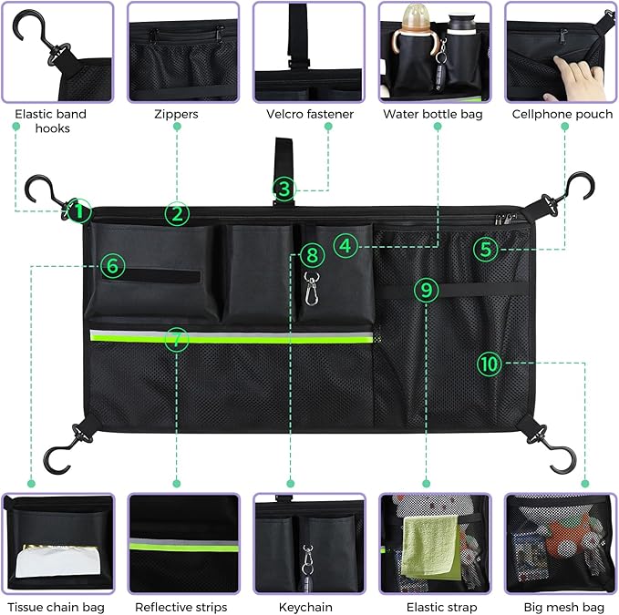 Stroller Wagon Cargo Net,Double-Layer Side Pockets Attachment for WONDERFOLD,Foldable Mesh Sorting Organizer Bag with Extra Storage Space