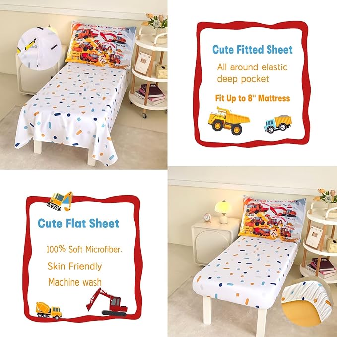 4 Piece Toddler Bedding Set for Boys,Cars Construction Toddler Bed Comforter Set Includes Comforter,Flat Sheet,Fitted Sheet and Pillowcase,Christan Trucks Tractors Bed in A Bag for Kids Bedroom