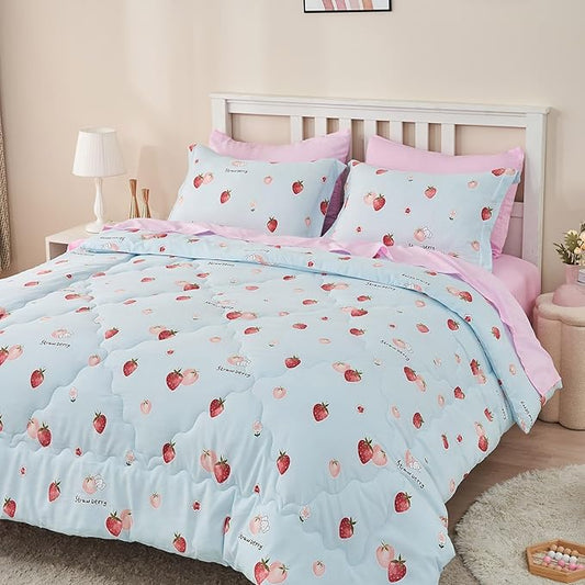 Wajade Kids Strawberry Comforter Set Bed in A Bag Full Size 7 Piece Blue 3D Cute Strawberry Fruit Bedding Set for Girls Boys (1 Comforter, 1 Flat Sheet, 1 Fitted Sheet, 2 Pillowcase and 2 Pillow Sham)
