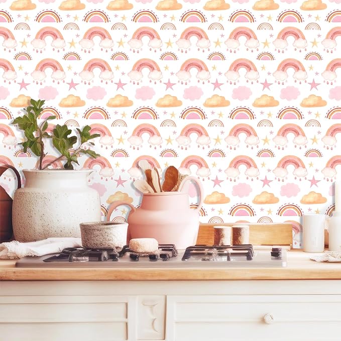 Boho Peel and Stick Wallpaper Watercolors Rainbow Wall Paper Removable Self-Adhesive Contact Paper for Girls Bedroom Art Mural Cabinets Art Vinyl Films Baby Nursery Covering Stickers 15.7x62.9IN