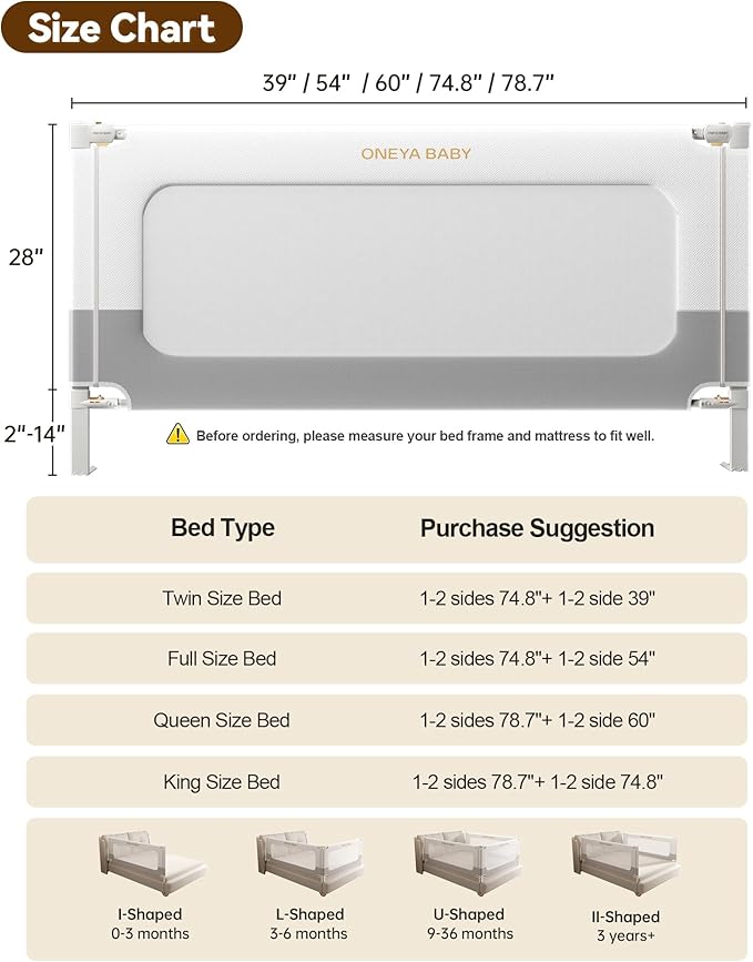 Baby Bed Rail Guard for Toddlers, Reinforced 39in Toddler Bed Rails for Twin Bed with Height Adjustable, Extral Tall Child Safety Side Railing Guards/Bedrail for Kids, White/Grey, 1 Side 39" Lx28 H