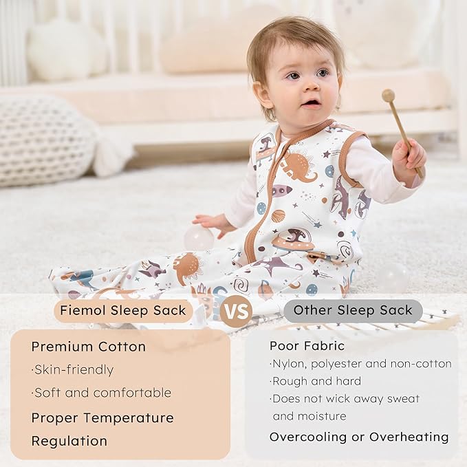 Baby Sleep Sack 0-6 months, 100% Cotton Sleeping Sack for Newborn and Infant, 3 Pack Baby Wearable Blanket for Boy and Girl, 0.5 Tog Lightweight Double Zipper Sleep Bag Coffee Dinosaur Planet