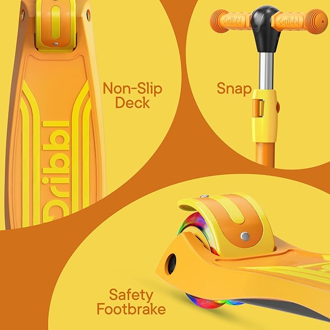 Dribbl 3-Wheel Kids Scooter - Lean-to-Steer Technology, Adjustable Height Handlebar, Wide Anti-Slip Deck, Scooter for Boys & Girls Ages 3+, Child Safety Approved, Support Riders Up to 165 lbs, Orange