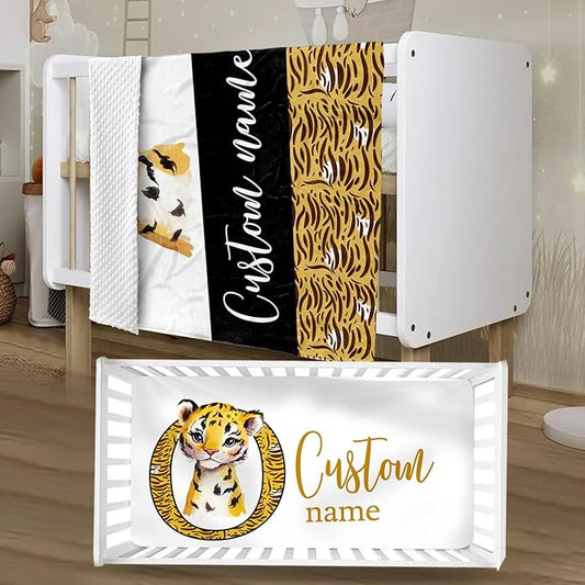 Personalized Baby Crib Bedding Set, Custom Name Tiger Design Baby Bedding 2-Pcs Set-Soft Double Layer Dotted Blanket and Fitted Sheet, Nursery Bedding for Newborn Boys Girls, Perfect Shower Gift