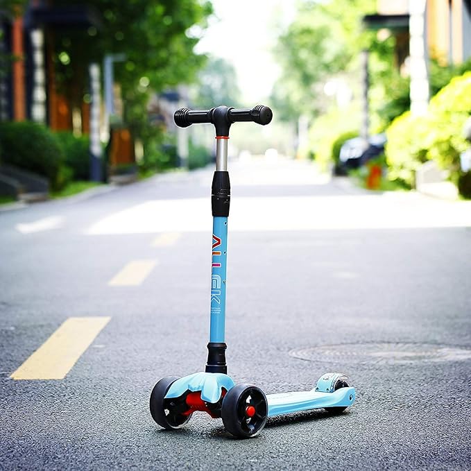 Allek Kick Scooter B02, Lean 'N Glide Scooter with Extra Wide PU Light-Up Wheels and 4 Adjustable Heights for Children from 3-12yrs (Aqua Blue)