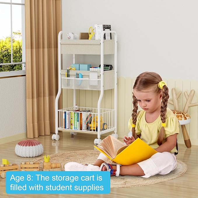 NEYCIL 3-tier Baby Diaper Caddy Organizer and Storage Cart with 4+3 Dividers, Metal Utility Cart with Lockable Wheels for Nursery, Bedroom, Bathroom, White