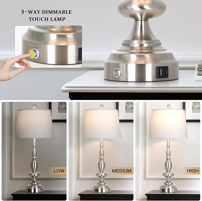 29" Tall Modern Table Lamps Set of 2, 3-Way Dimmable Touch Living Room Lamp with USB A+C Charging Port, Brushed Nickel Metal Farmhouse Bedside lamp for Bedroom Nightstand Side Table Desk Office Silver