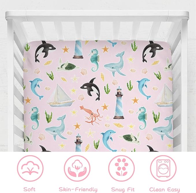 Colorful Sea Animals Baby Crib Sheet 52''x28'' Ocean Whale Dolphin Turtle Shells Coral Lighthouse Ship Stretchy Fitted Crib Mattress Cover for Boy Girl Baby Sheets for Standard Crib Toddler Mattress