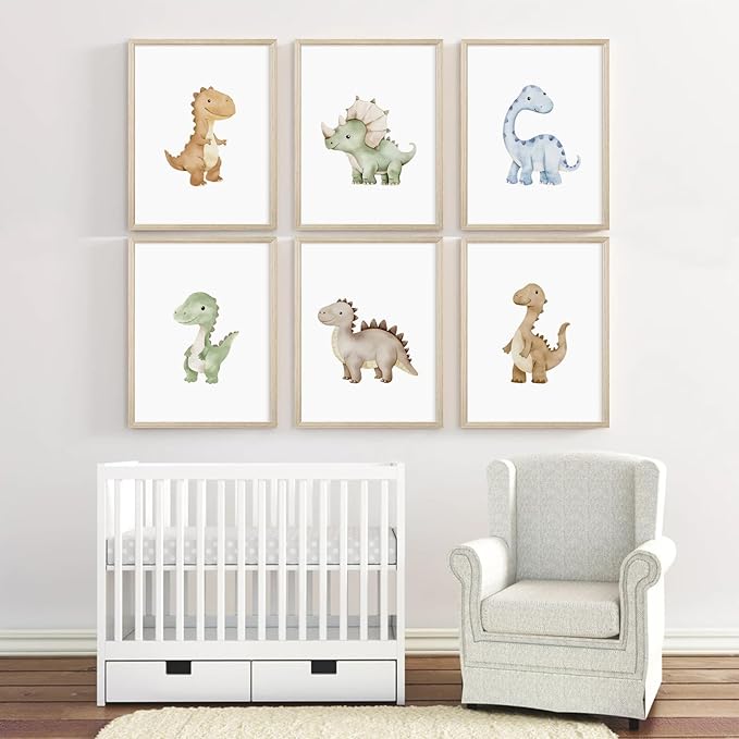 Dinosaur Nursery Wall Art Kids Canvas Poster Boys Room Wall Decor Watercolor Dino Wall Art Toddler Baby Pictures Dinosaur Prints Nursery Artwork for Boys Room Bedroom 12x16x6 Inch Wood Framed