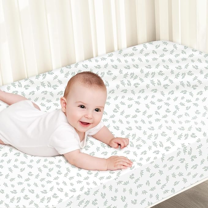 Biloban 4-Pack Crib Sheets Waterproof for Boys Girls, Fitted Crib Sheet for Standard Crib and Toddler Mattress Protector, Super Soft Microfiber Baby Sheet 52x28x8in(Green+Leaf)
