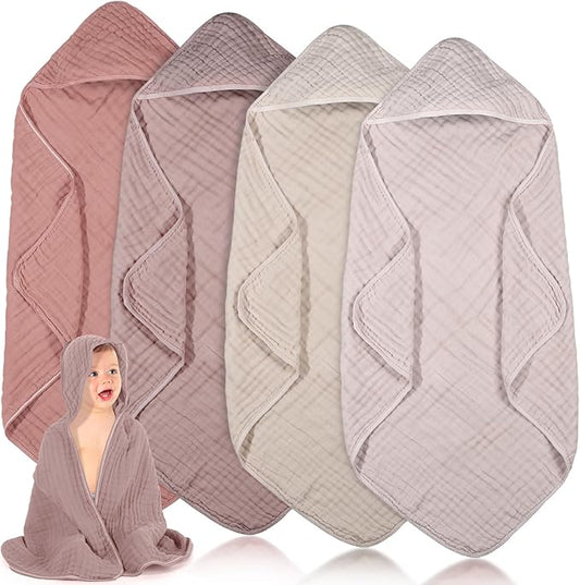 Peryiter 4 Pcs Muslin Hooded Baby Towels, 32x 32'' Cotton Newborn Bath Towel Muslin Infant Baby Blankets Absorbent Unisex Christmas Registry Gift Essentials for Girls Boys (Beige Series)