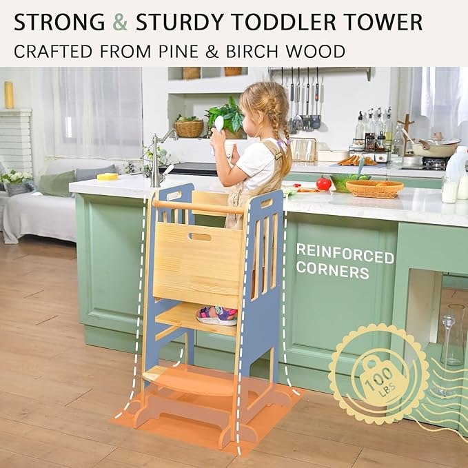 WINGYZ Toddler Tower – Adjustable Step Stool Helper for Kids 18M–6Y, Kitchen Learning Stool with Safety Rail, 3-Height Adjustable, Sliding Door, Full Support Foot, Wooden Updated Design, Light Blue