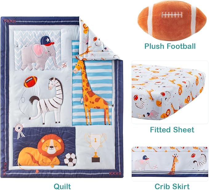 4 Pieces Crib Bedding Set for Baby Boys Girls, Infant Toddler Nursery Baby Bedding Sets Includes Cartoon Quilt, Fitted Crib Sheet, Crib Skirt and Plush Football Toy (MVP)