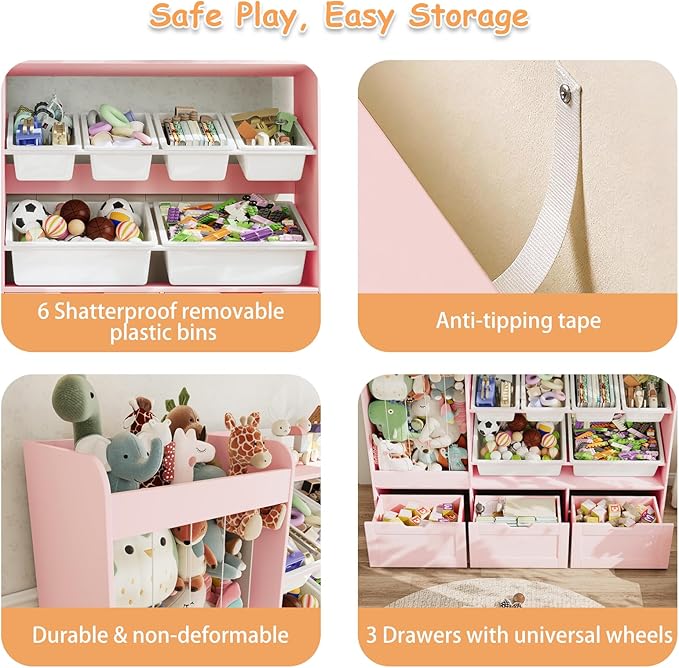 VortinT Kids Stuffed Animal Storage, 50.6" W Large Toy Organizer Shelf with 6 Plastic Bins, 3 Rolling Box, Wooden Toddler Toy Bookshelf Organization Shelves for Play Room, Nursery (Pink)
