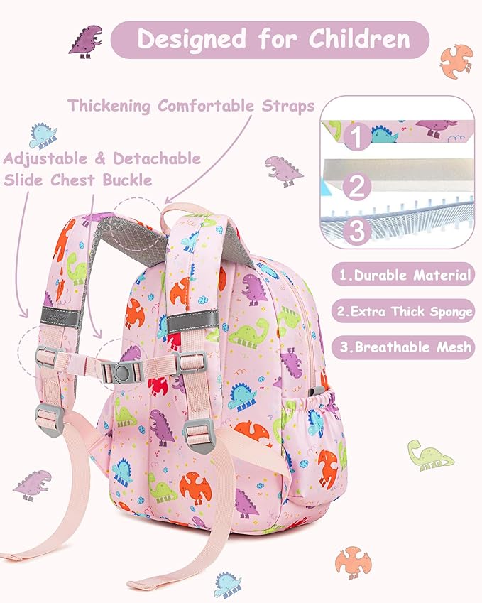 CAMTOP Toddler Backpack for Boys Girls 2-4, Kids Backpacks for Kindergarten Preschool, 12" H Small Bookbag for Daycare Travel (Pink Dinosaur, 12''- Not fit A4 folder)