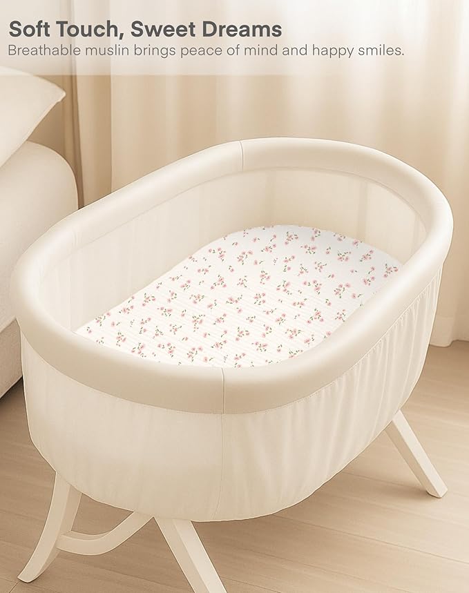 Muslin Bedside Bassinet Sheets 2 Pack, 33x20 Fitted Ultra Soft & Breathable Bedside Sleeper Sheets, Ideal for Baby Girl and Boy, Perfect for Newborns (Rosy)