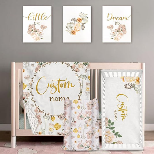 Personalized Baby Crib Bedding Set: 4 Piece Pink Flowers Custom Gift Crib Bed Set with Name, Nursery Bedding Set for Baby Girls,Newborn Girls Crib Sets, Crib Bedding Shower Gifts